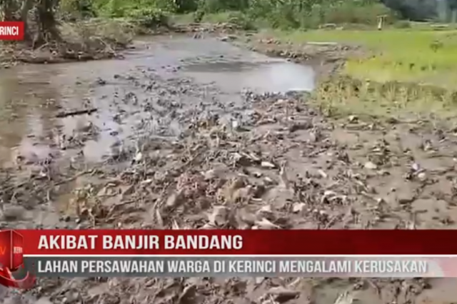 AKIBAT BANJIR BANDANG, LAHAN PERSAWAHAN WARGA DI KERINCI MENGALAMI KERUSAKAN