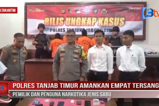 POLRES TANJAB TIMUR AMANKAN EMPAT TERSANGKA PEMILIK DAN PENGUNA NARKOTIKA JENIS SABU